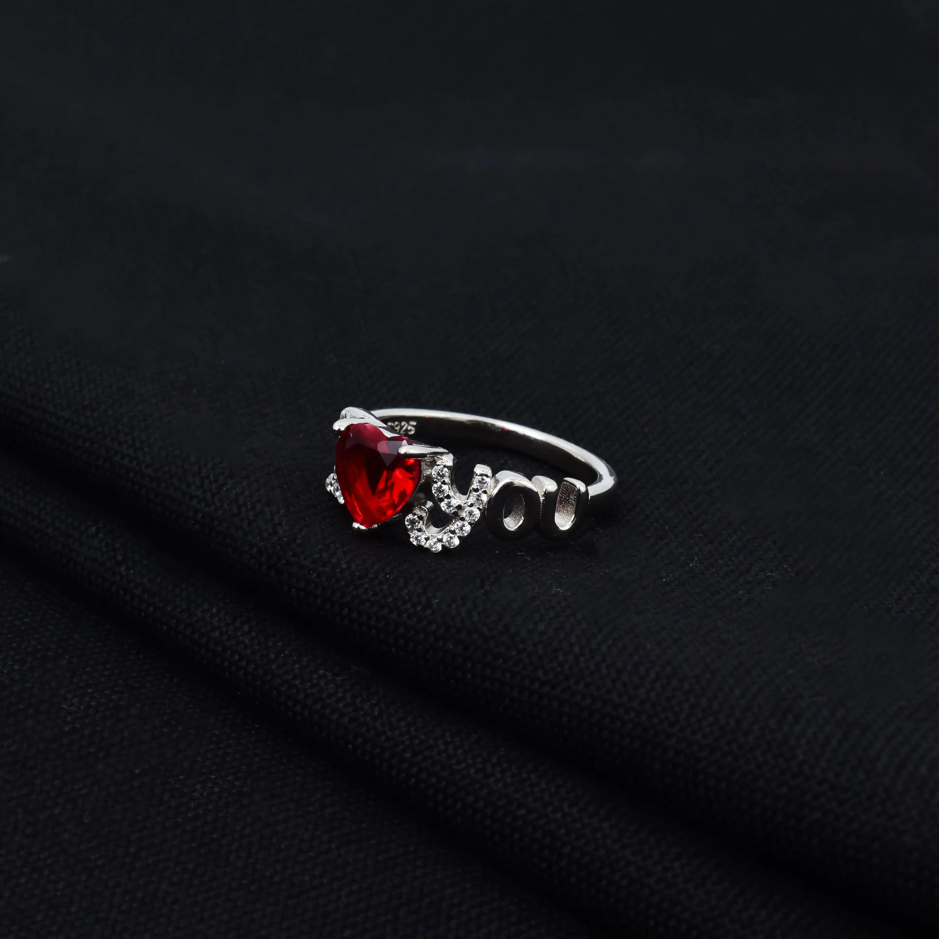 I Love You Red Heart Shape Silver Ring