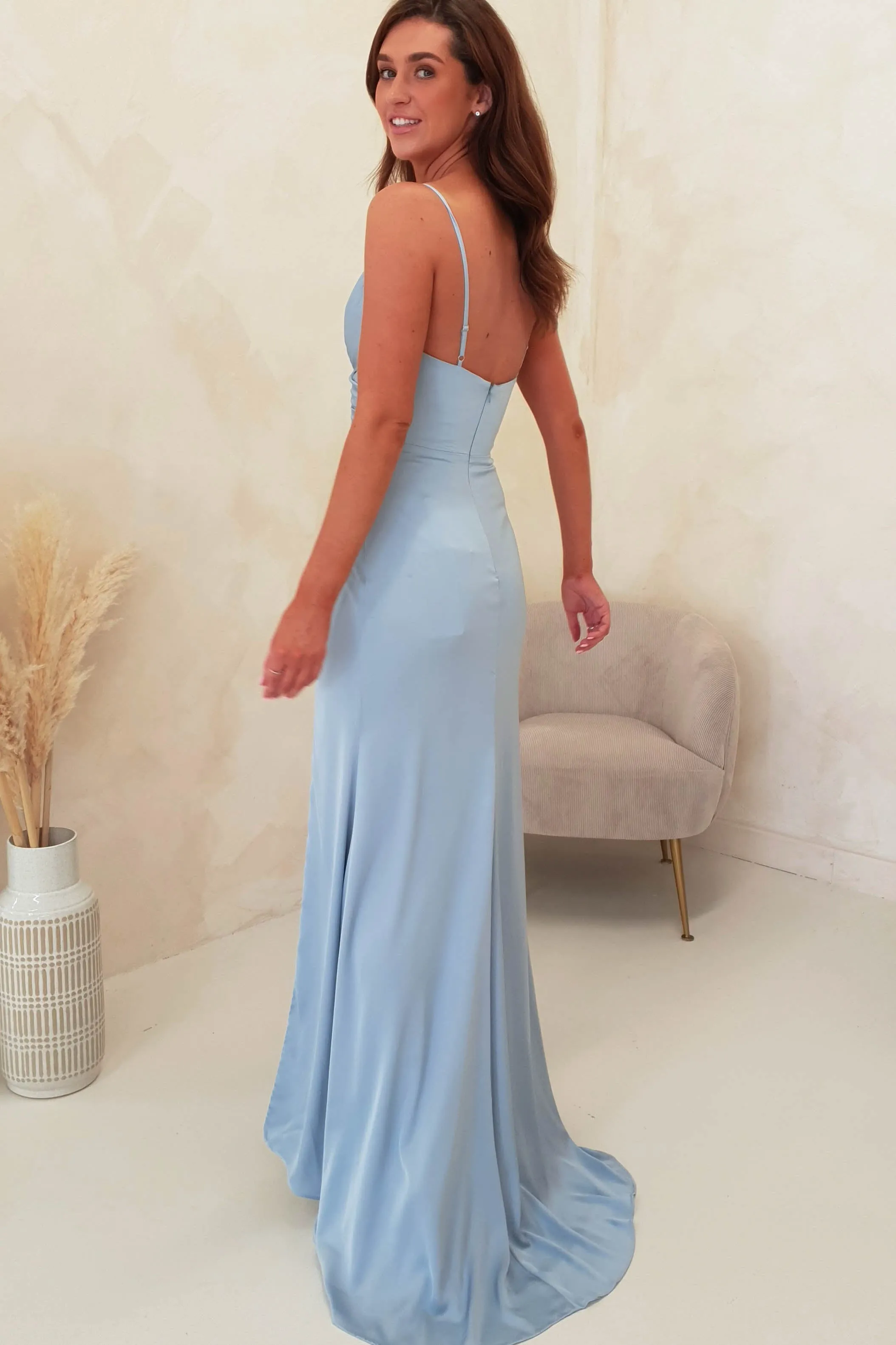 Janise Silky Satin Gown | Dusty Blue