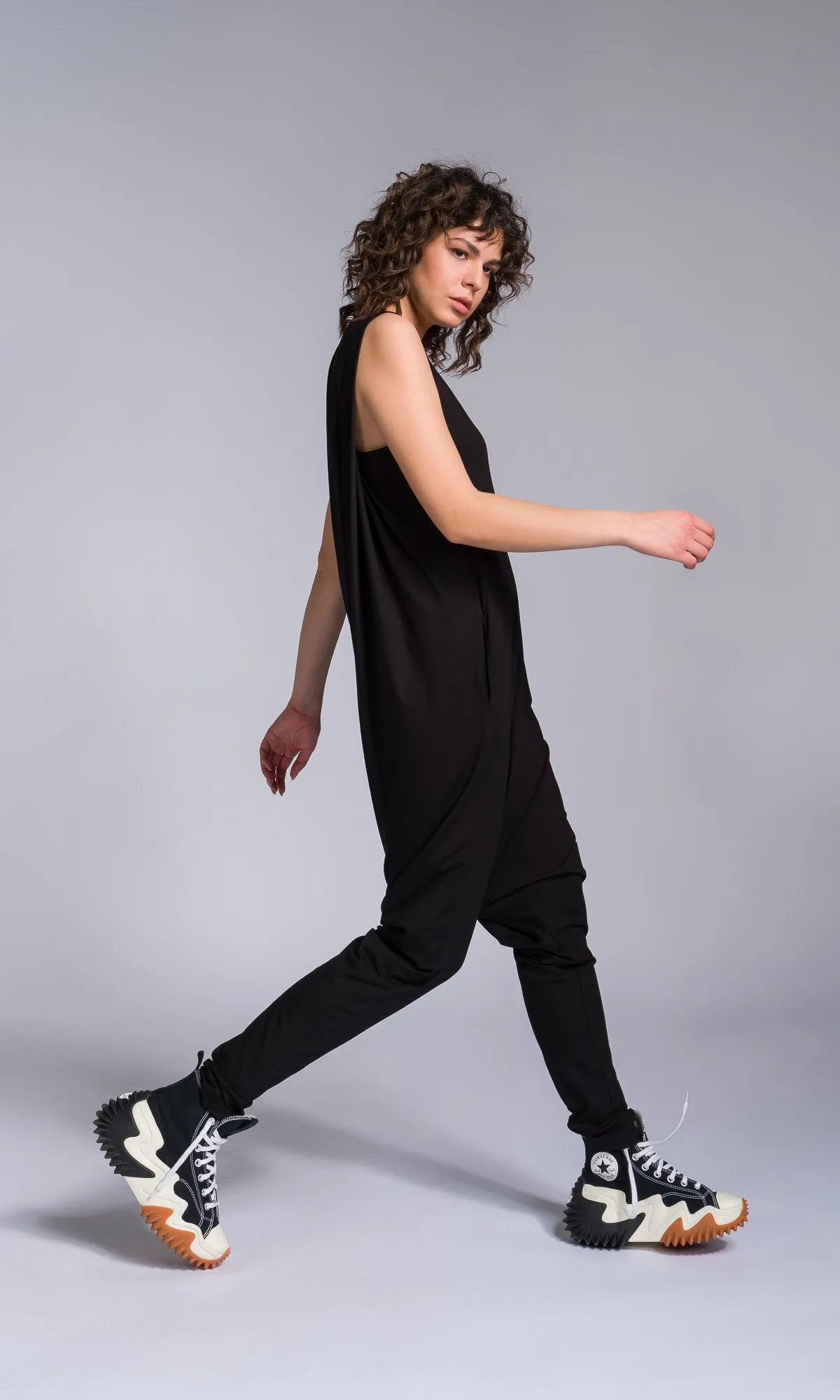 Jersey Zip-up Jumpsuit with Folded Sides