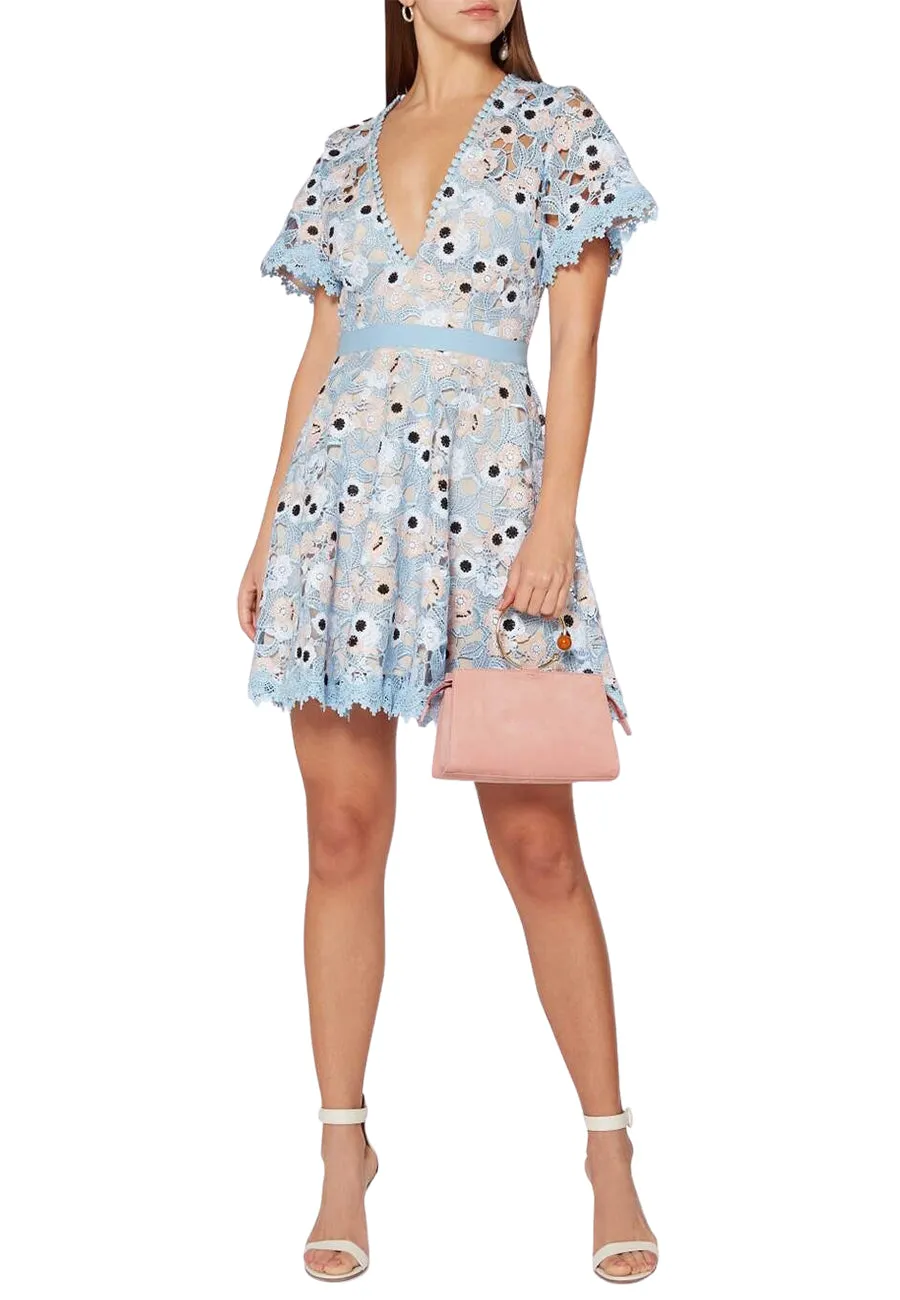 Light Blue Infatuation Plunging Floral Lace Mini Dress