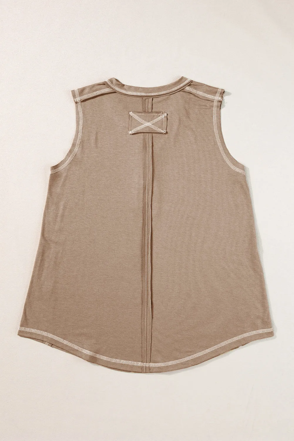 Light French Beige Contrast Stitching Exposed Seam Henley Tank Top