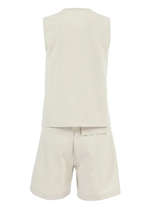 Linen Solid Pockets Shorts Set