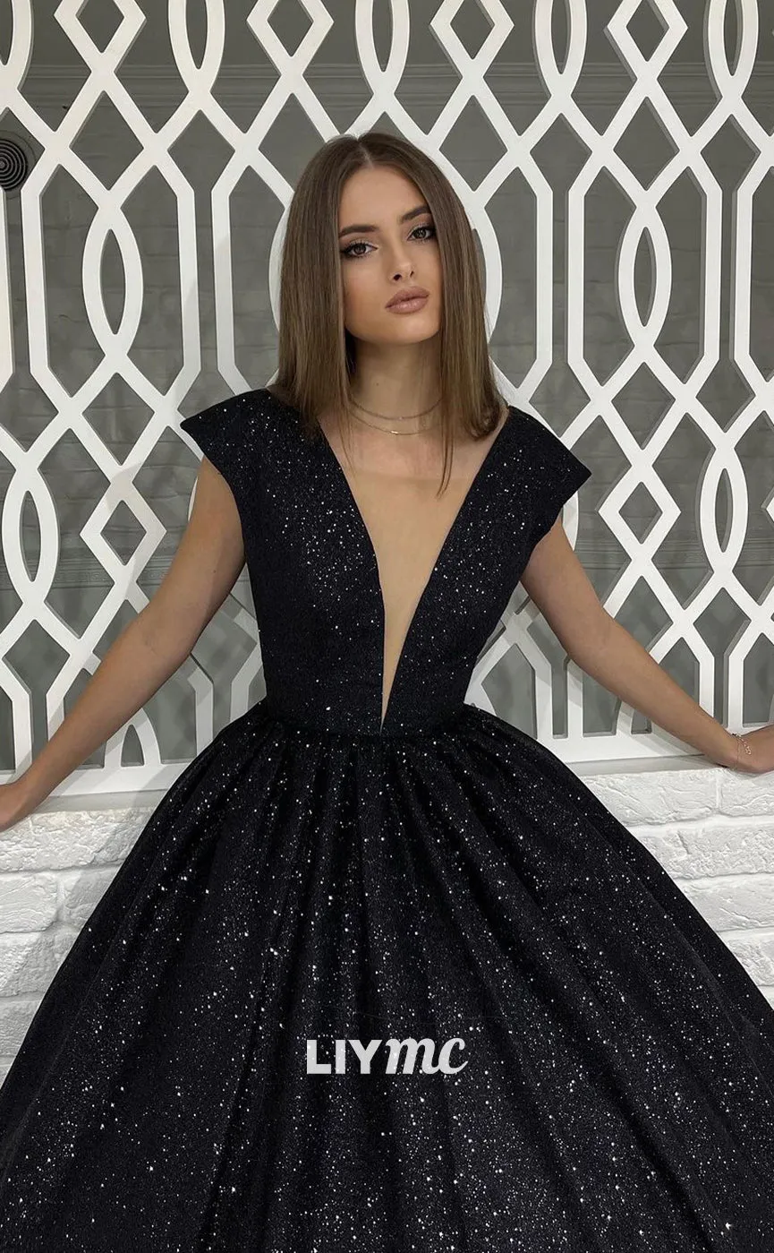 LP1093 - Illusion Deep V neck Sparkly Black Formal Prom Dress