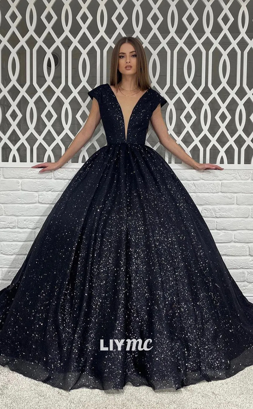 LP1093 - Illusion Deep V neck Sparkly Black Formal Prom Dress