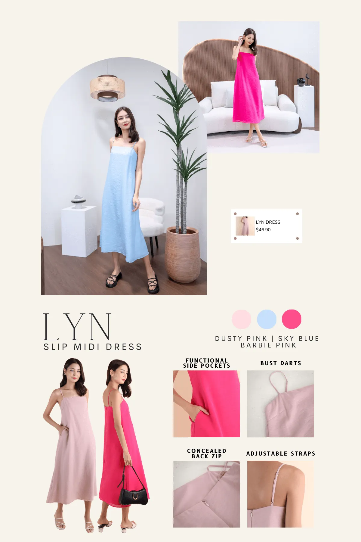 LYN SLIP MIDI DRESS IN DUSTY PINK