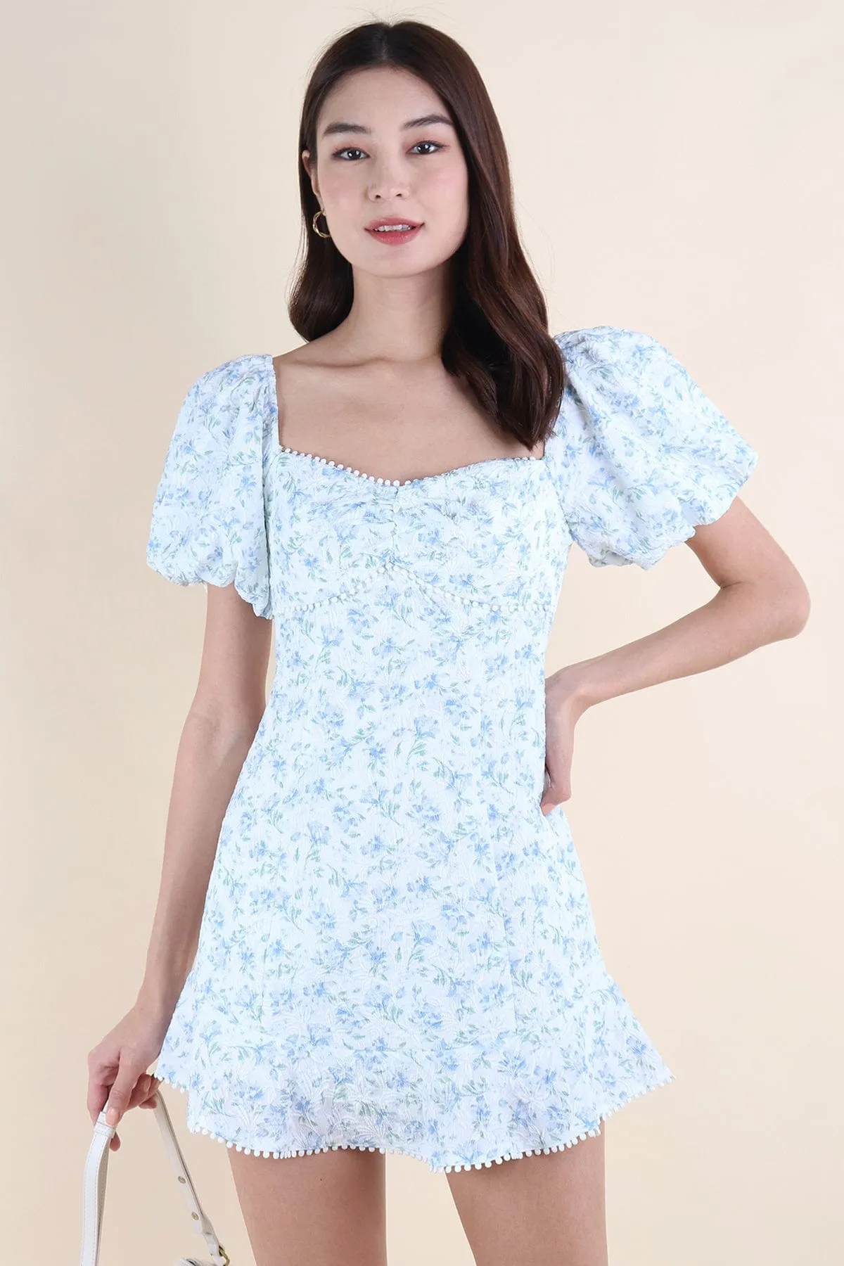 LYSA FLORAL EMBOSSED DRESS IN BLUE