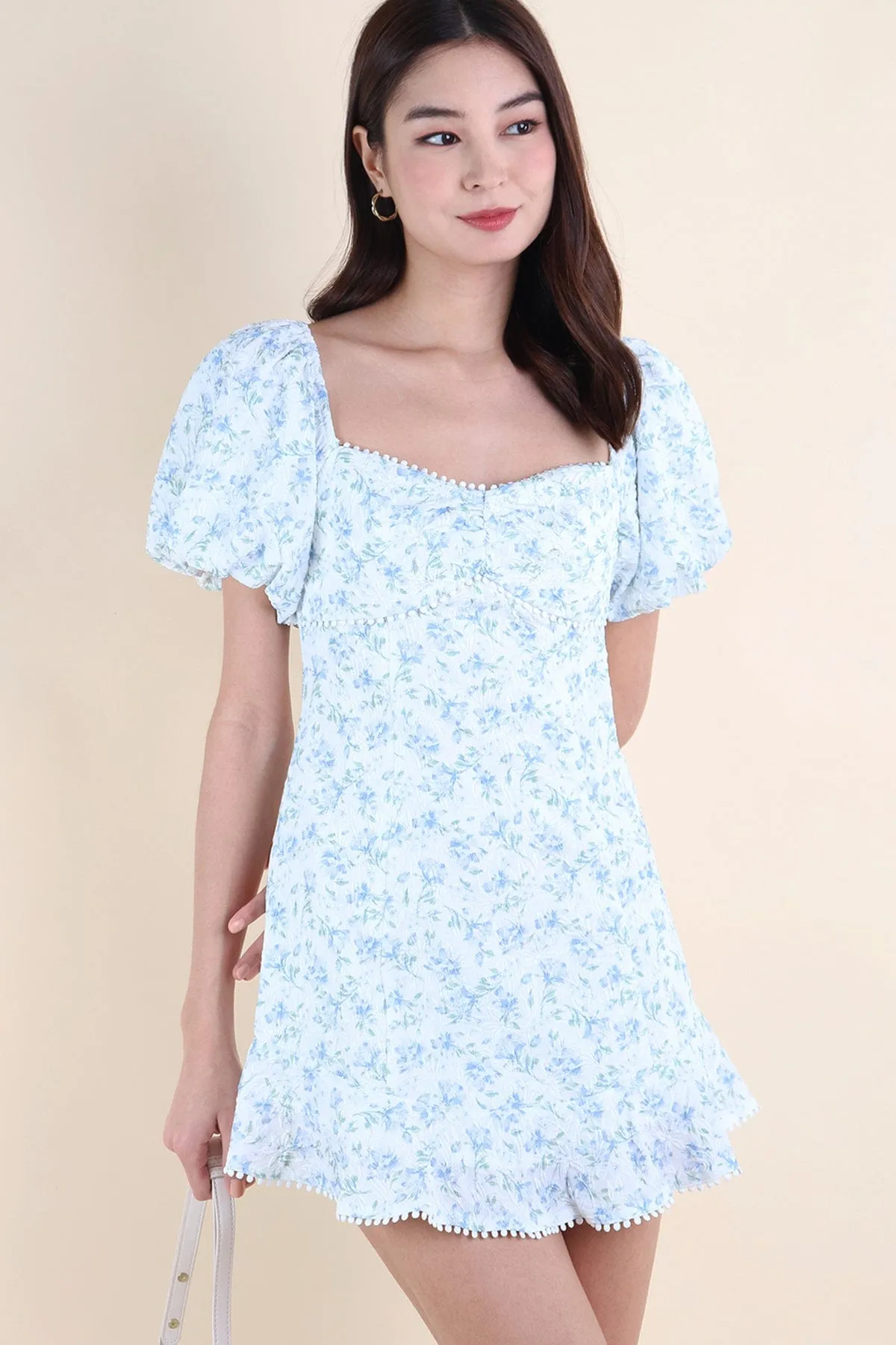 LYSA FLORAL EMBOSSED DRESS IN BLUE