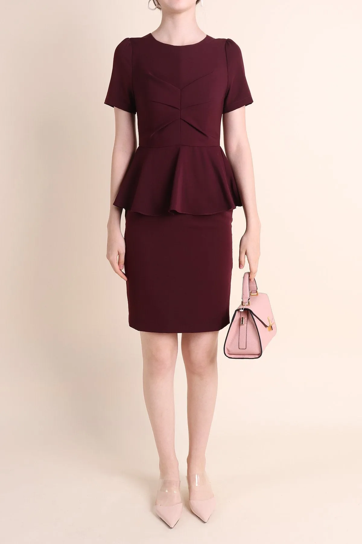 MADEBYNM BRONTE GATHERED PEPLUM FITTED WORK DRESS IN MAROON