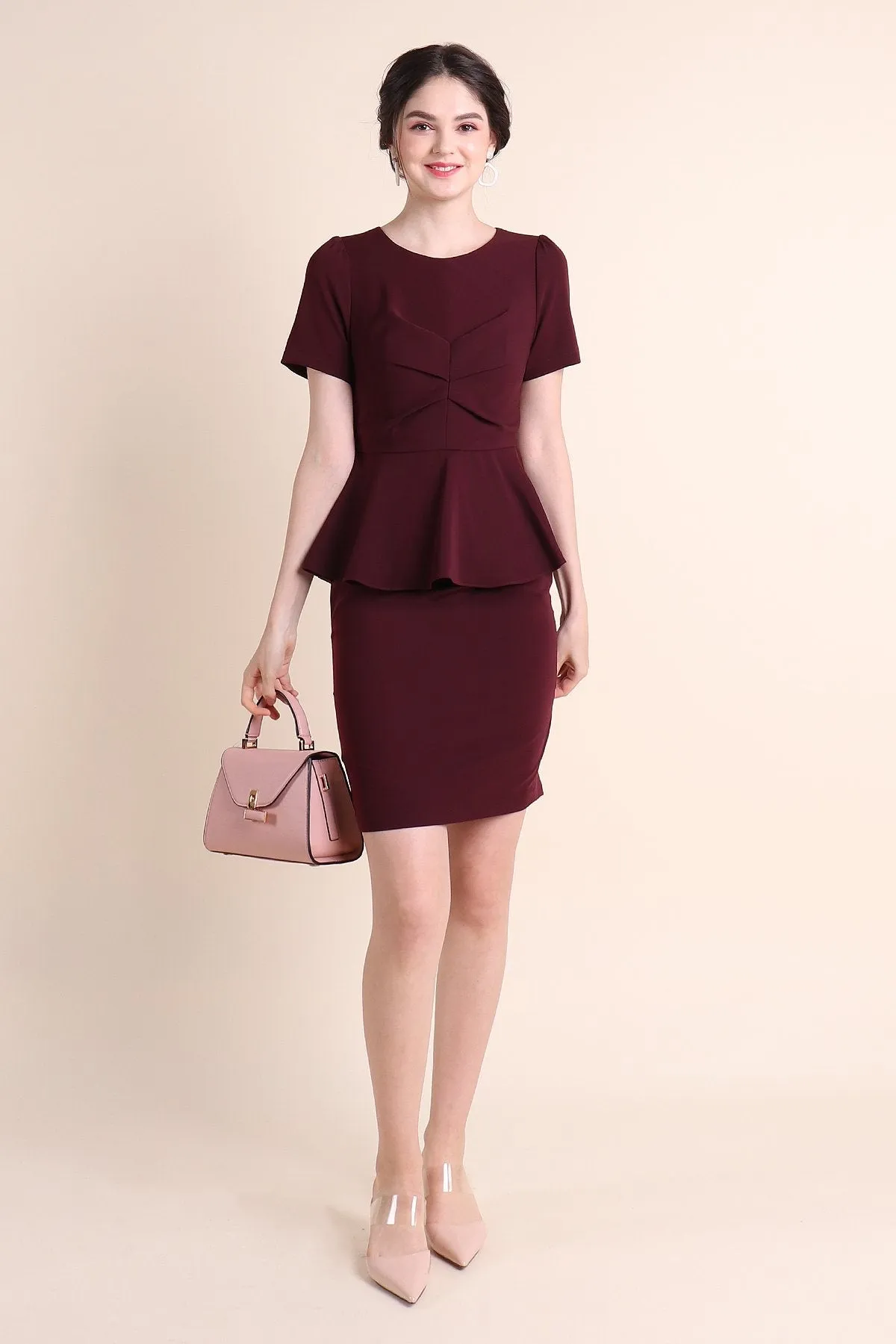 MADEBYNM BRONTE GATHERED PEPLUM FITTED WORK DRESS IN MAROON