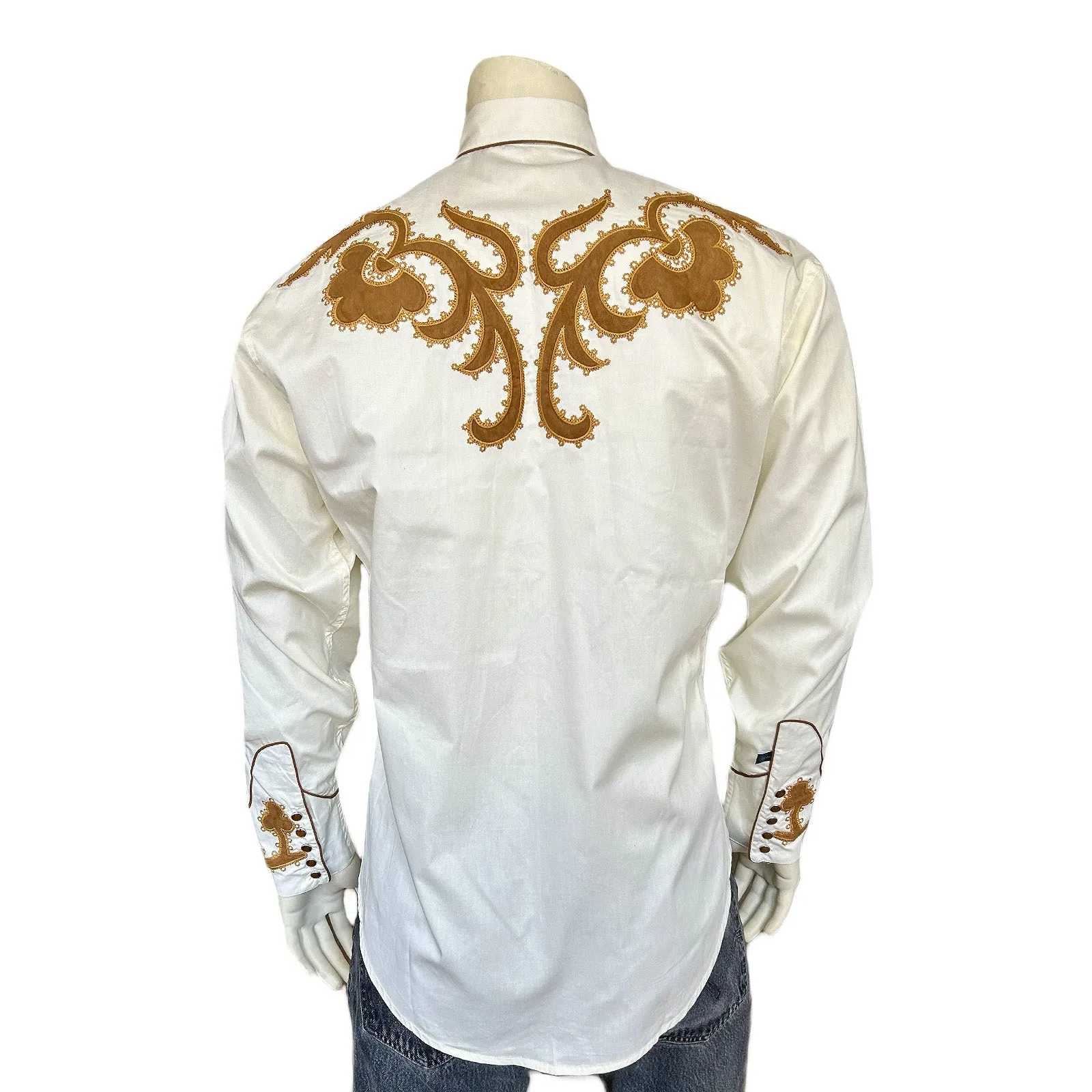 Men's Vintage Chamois & Embroidery Western Shirt in Ivory