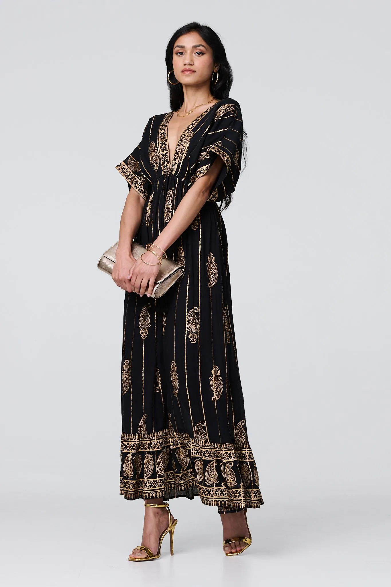 Metallic Print V-Neck Kimono Maxi Dress