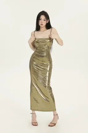 Metallic Sheen Sleeveless Low-Neck Maxi Dress