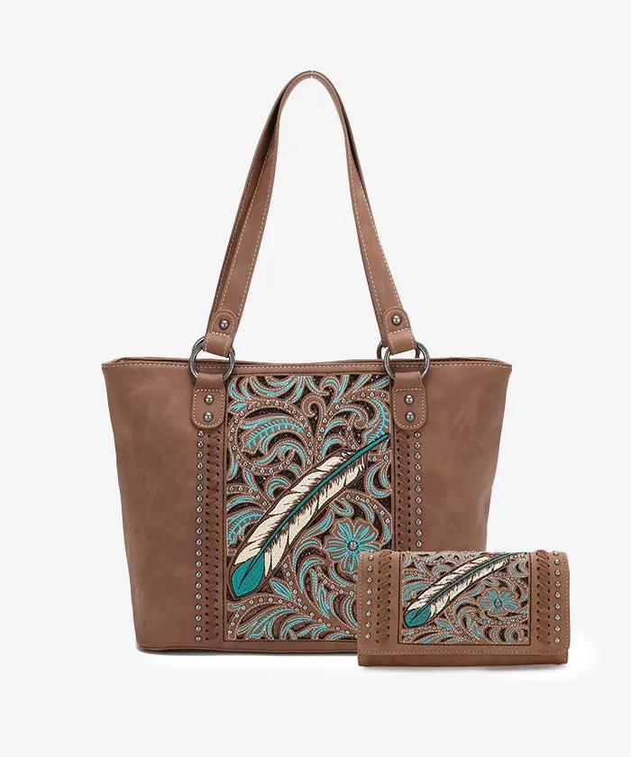 Montana West Embroidered Feather Concealed Carry Tote Set