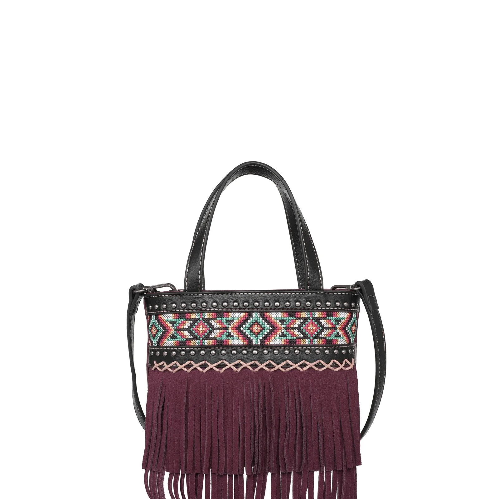 MW1203-923 Montana West Embroidered Aztec Fringe Collection Small Tote/Crossbody