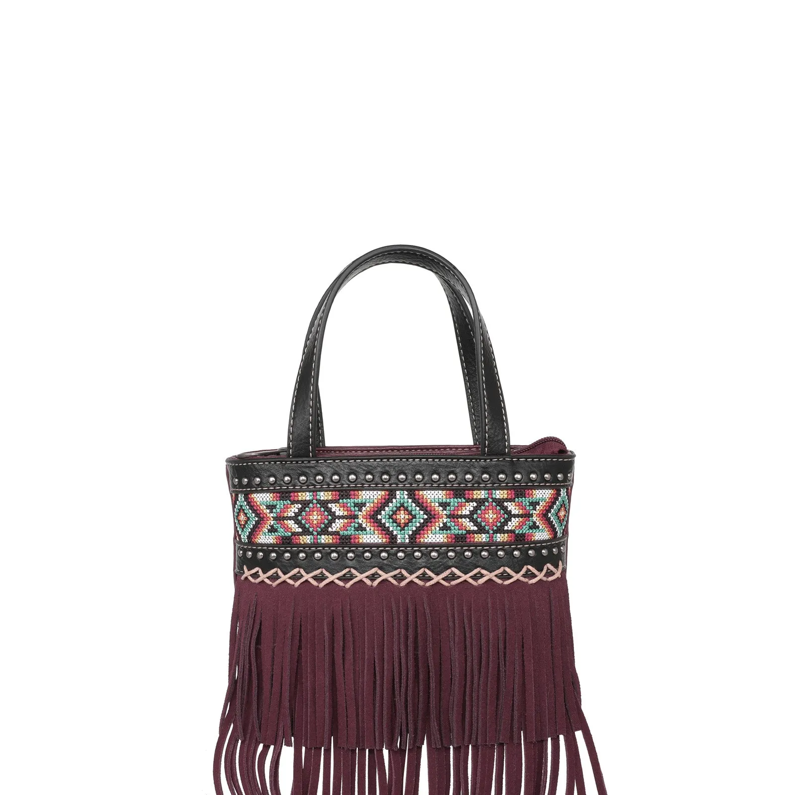 MW1203-923 Montana West Embroidered Aztec Fringe Collection Small Tote/Crossbody