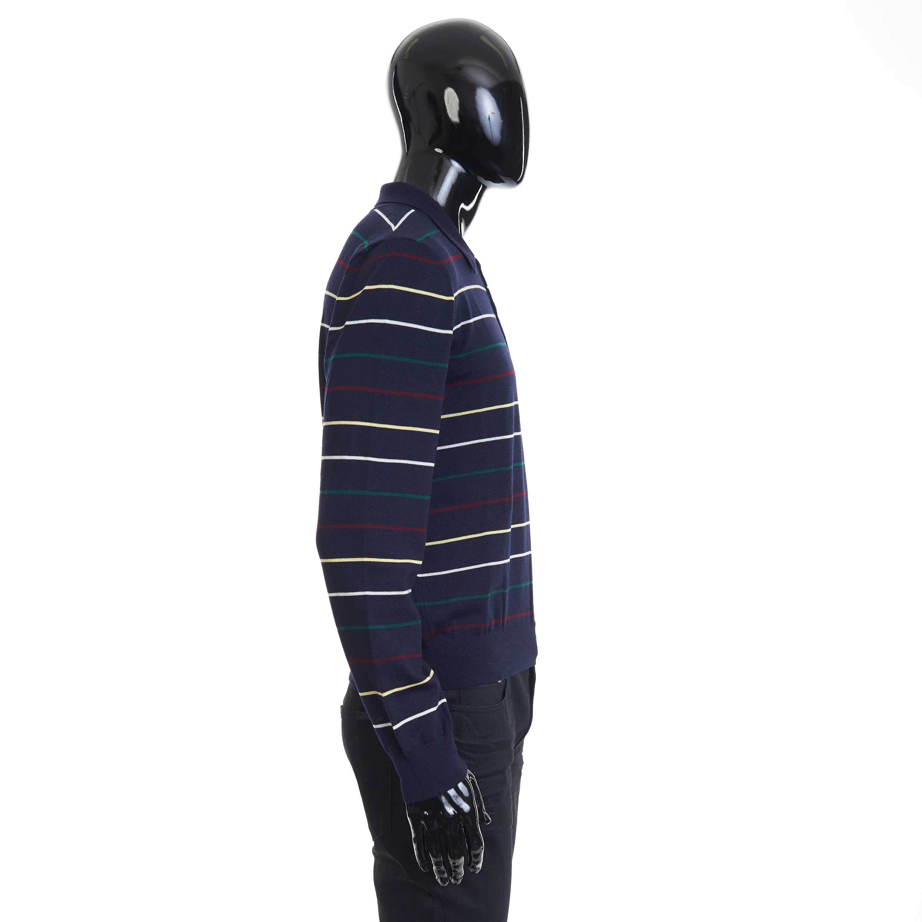 Navy Blue Striped Polo Shirt - Embroidery, Fine Wool