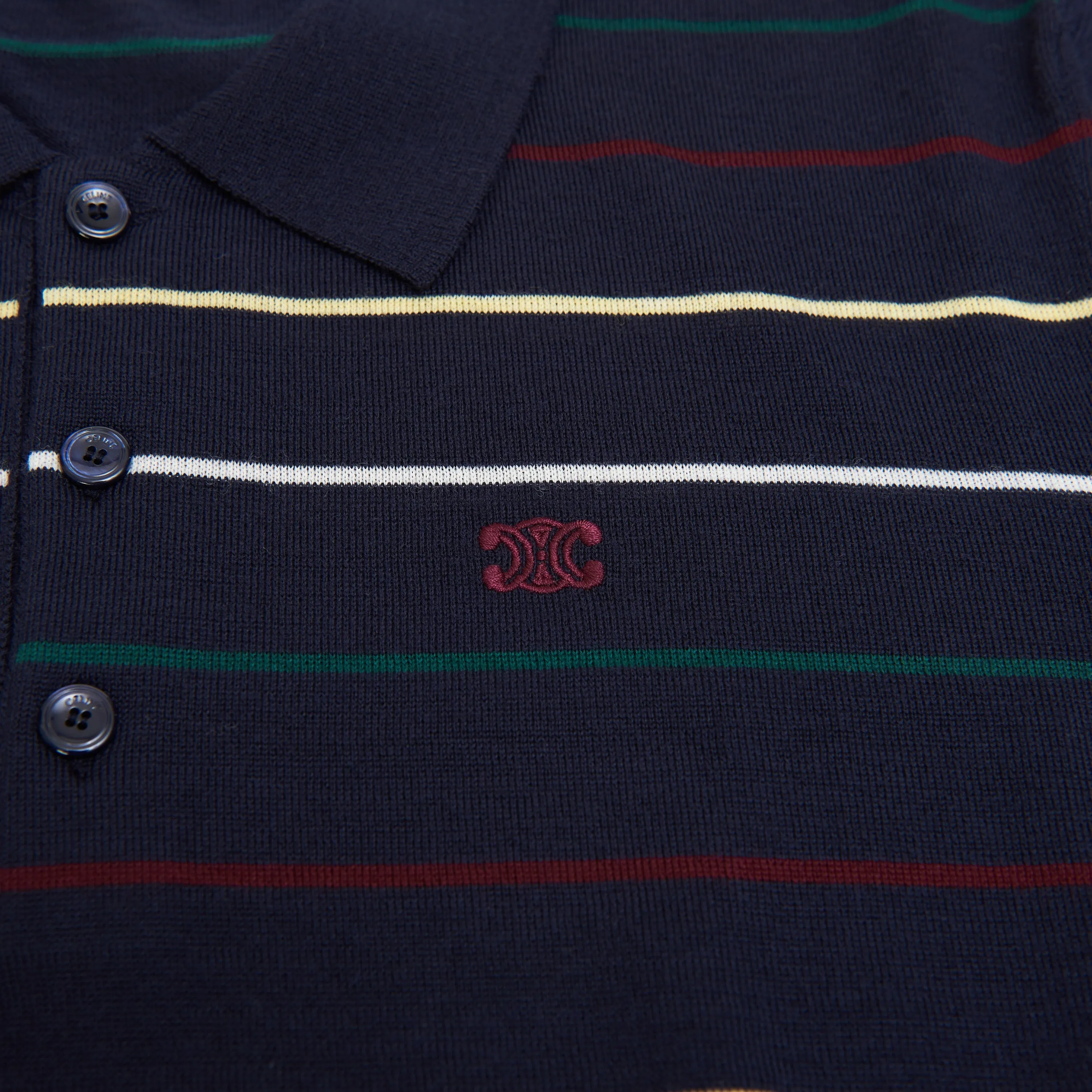 Navy Blue Striped Polo Shirt - Embroidery, Fine Wool