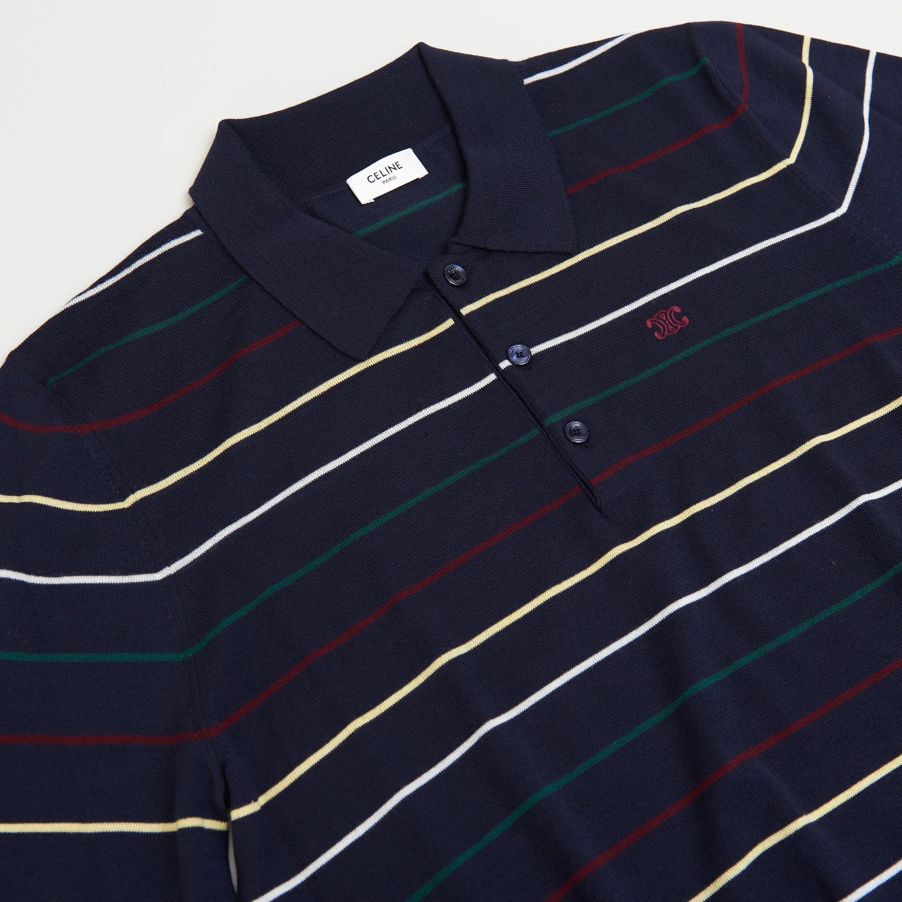 Navy Blue Striped Polo Shirt - Embroidery, Fine Wool