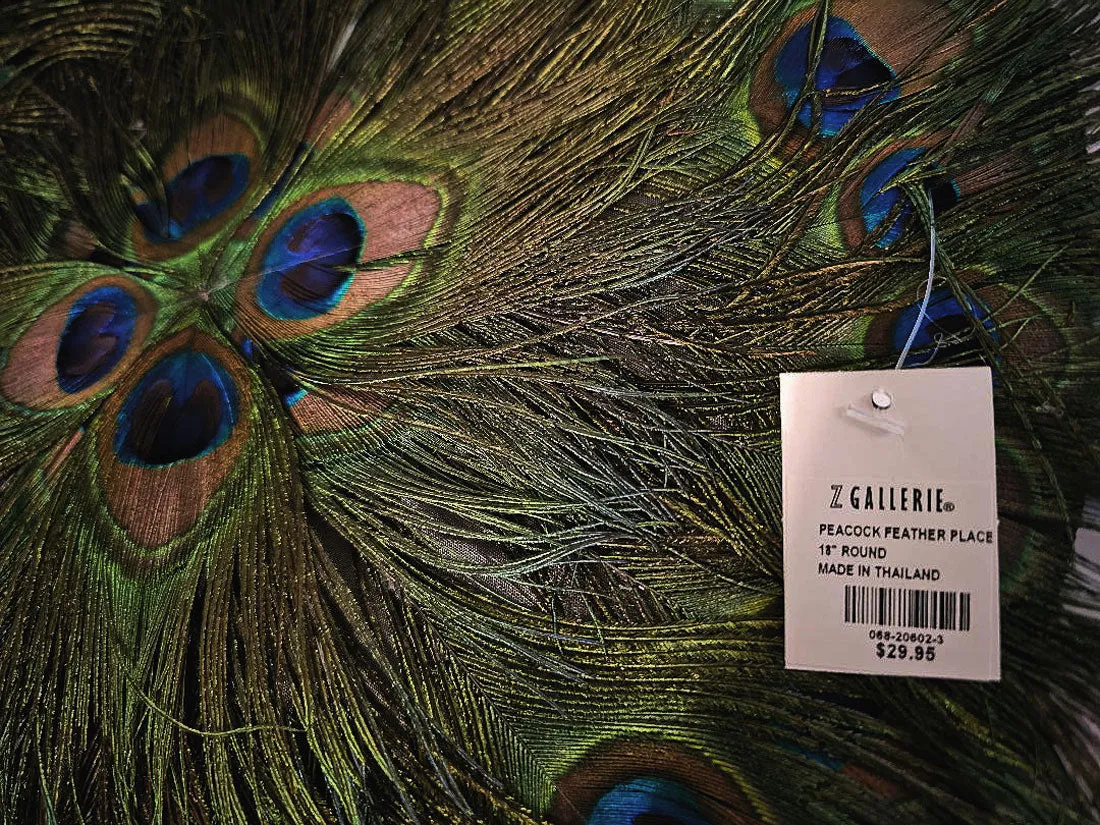 NEW - Z GALLERIE RETIRED PEACOCK PLACE MATS, SPARKLING SEQUIN NAPKIN RINGS & NAPKINS (2 OF EACH)