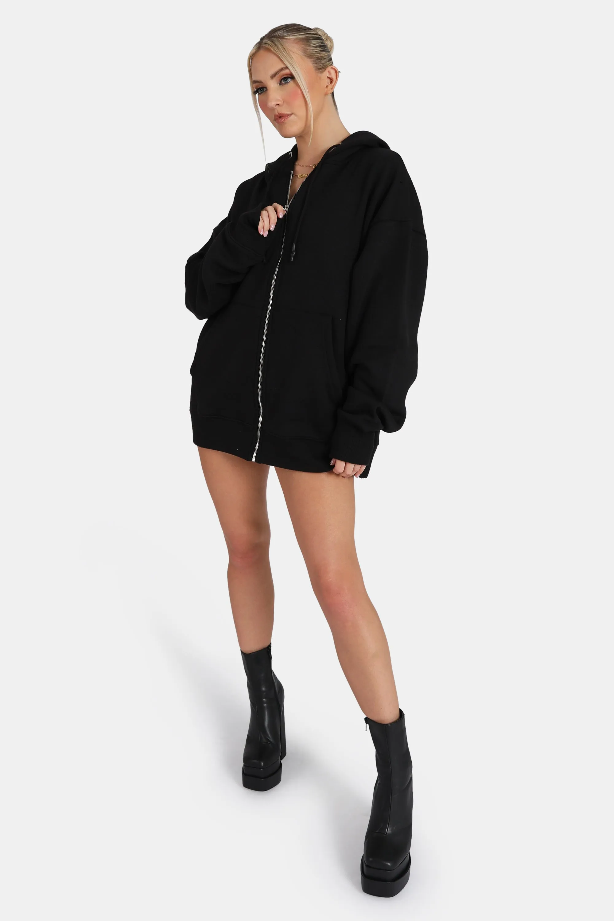 Oversized Zip Through Hoodie Black