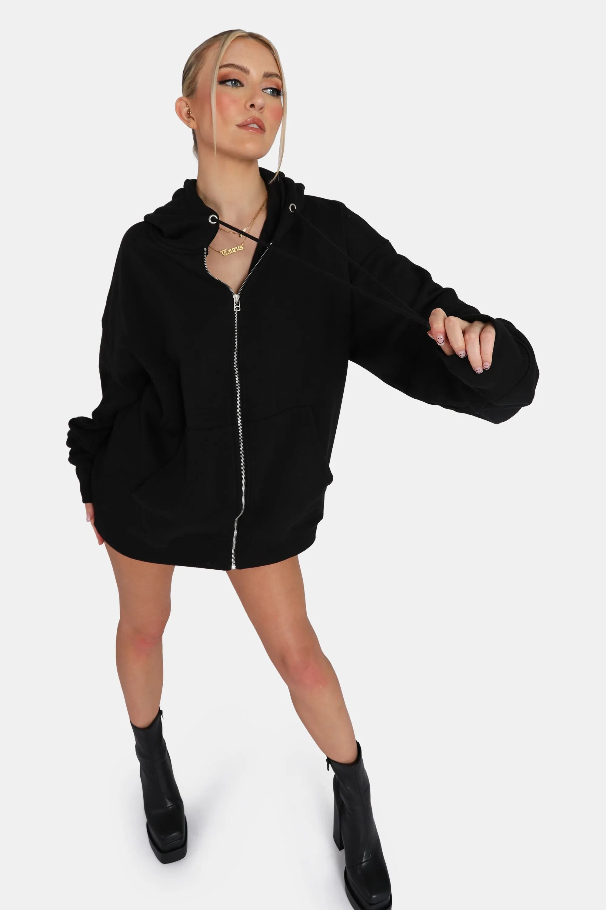 Oversized Zip Through Hoodie Black