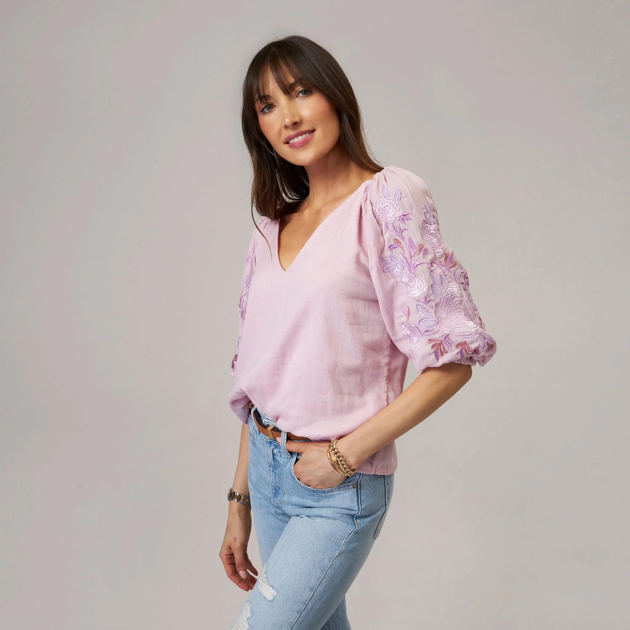 Pam Vneck embroidered blouse with custom embroidered roses