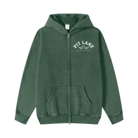 PIT LANE CLOTHING Streetwear Acid Washed Zip Fleece Hoodie Jacket - 360 GMS - Green Flag