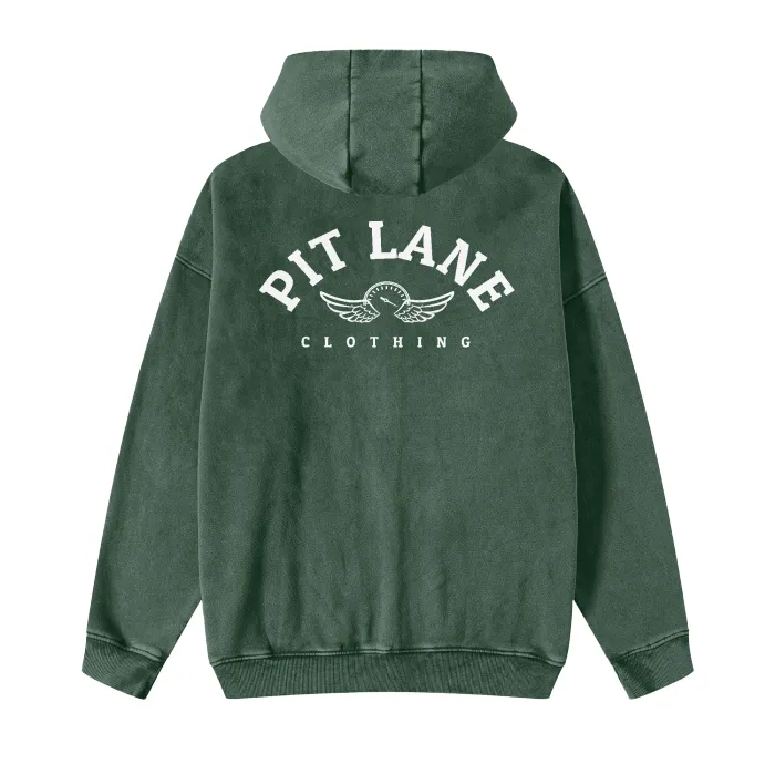 PIT LANE CLOTHING Streetwear Acid Washed Zip Fleece Hoodie Jacket - 360 GMS - Green Flag