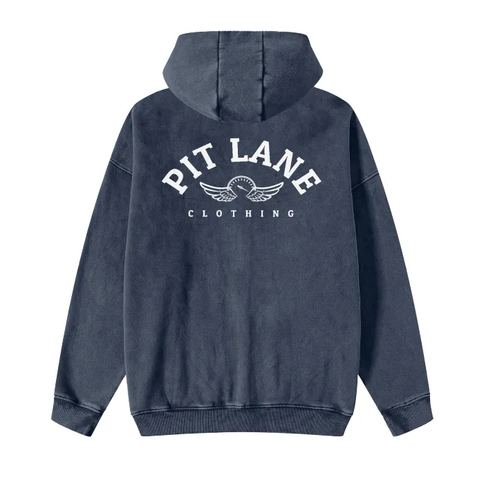 PIT LANE CLOTHING Streetwear Acid Washed Zip Fleece Hoodie Jacket - 360 GMS - Petrol Blue