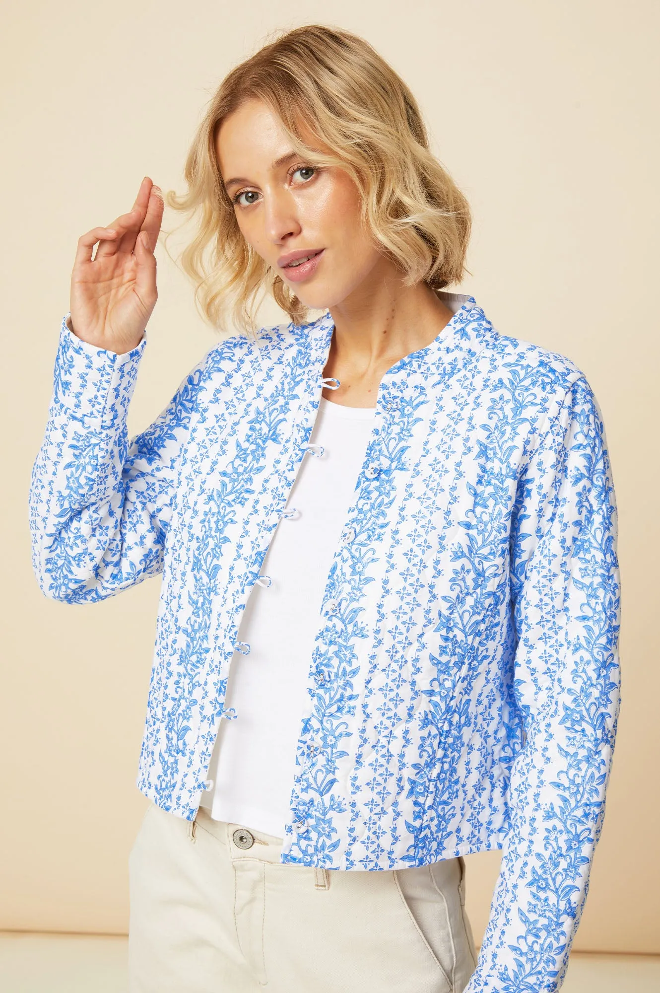 Polly Block Print Quilted Jacket | White/Blue