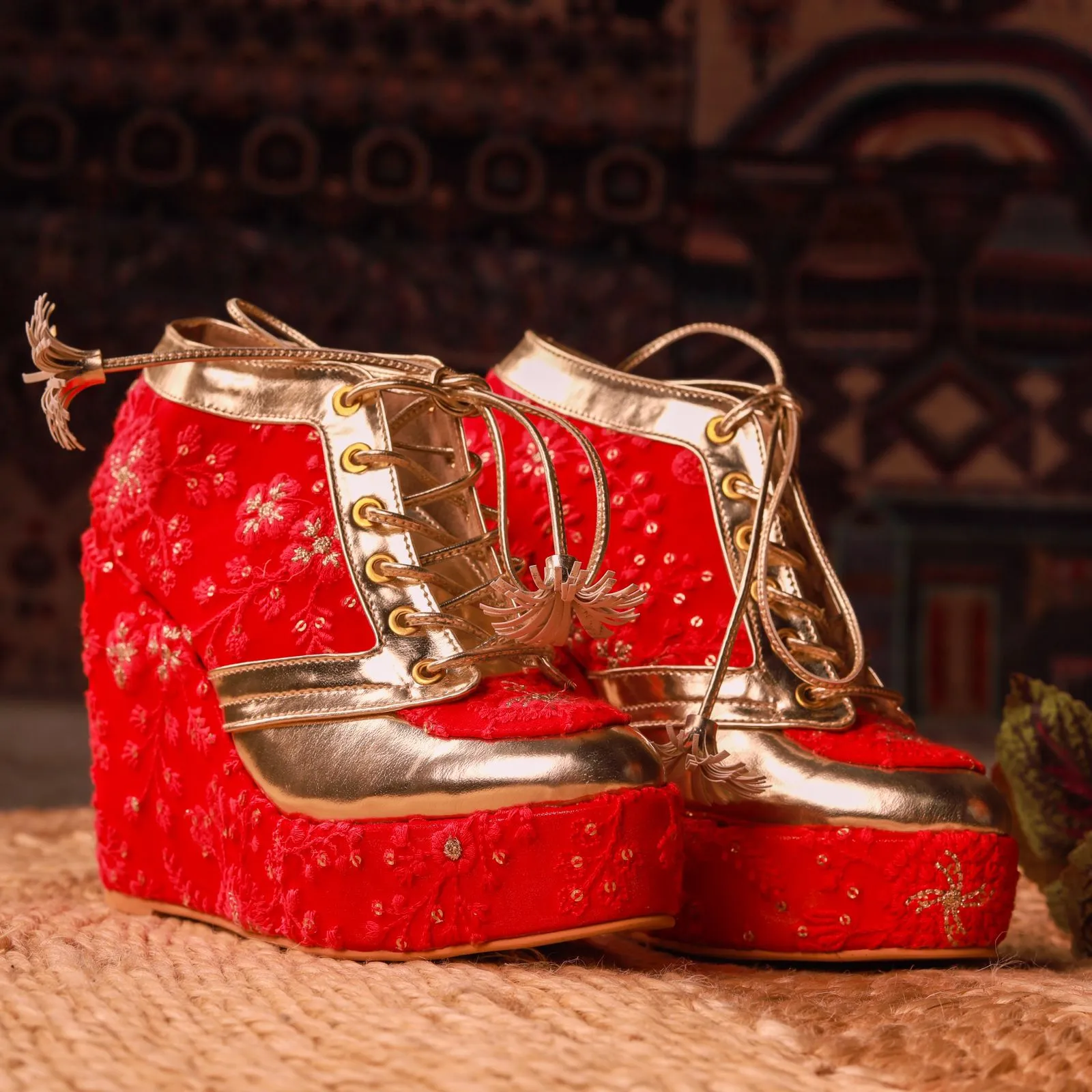 Red Bridal Self Embroidered Sneaker Wedges - Customized Wedding Shoes