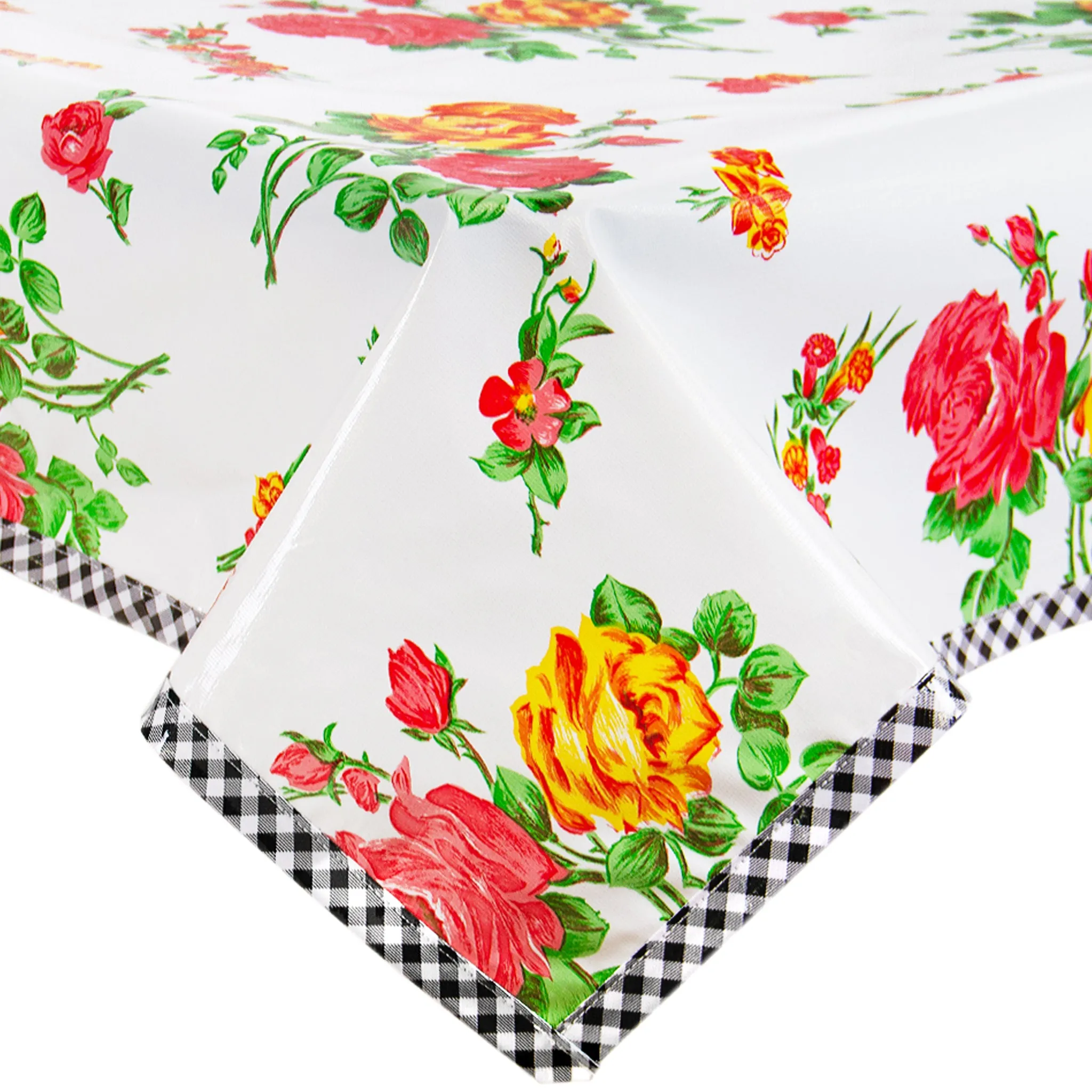 Rose and Grid White Oilcloth Tablecloth with Black Gingham Trim