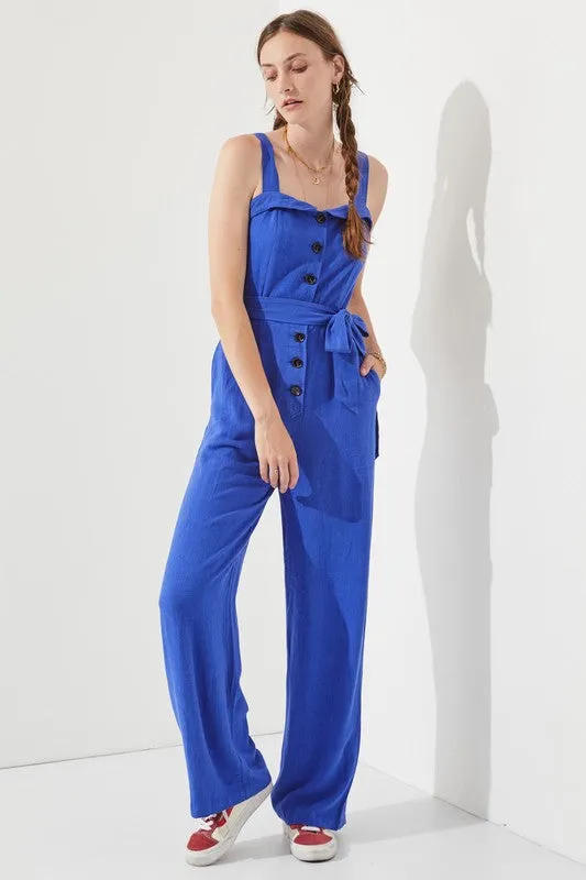 SLEEVELESS ADJUSTABLE STRAP BUTTON DOWN JUMPSUIT