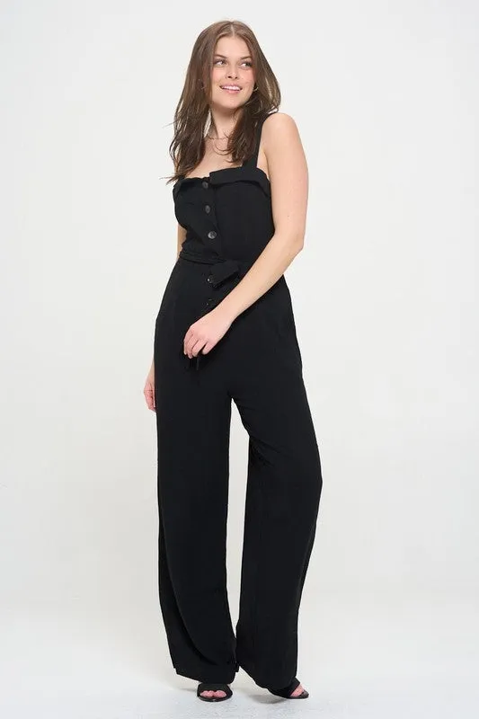 SLEEVELESS ADJUSTABLE STRAP BUTTON DOWN JUMPSUIT