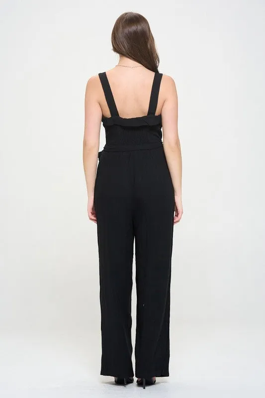 SLEEVELESS ADJUSTABLE STRAP BUTTON DOWN JUMPSUIT