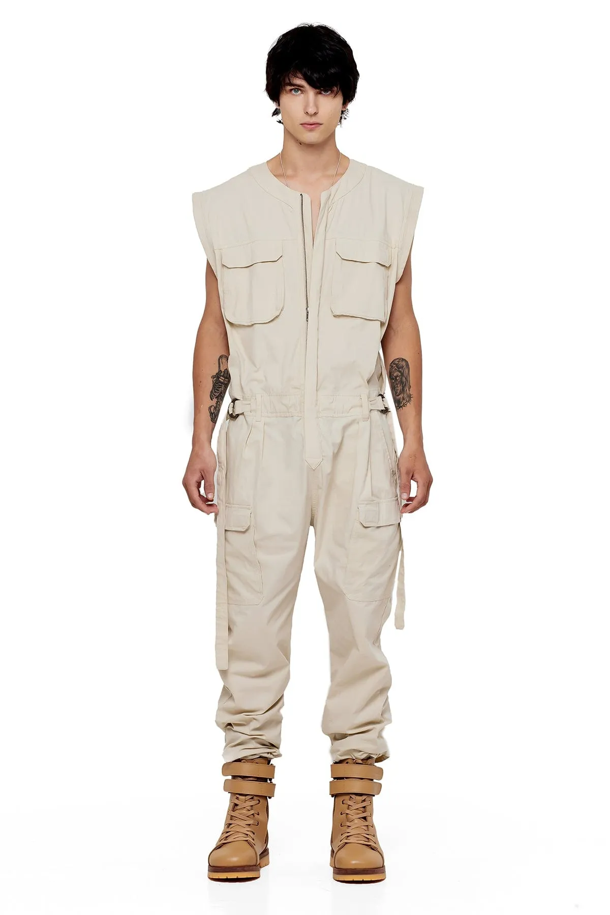 SLEEVELESS JUMPSUIT IN BONE