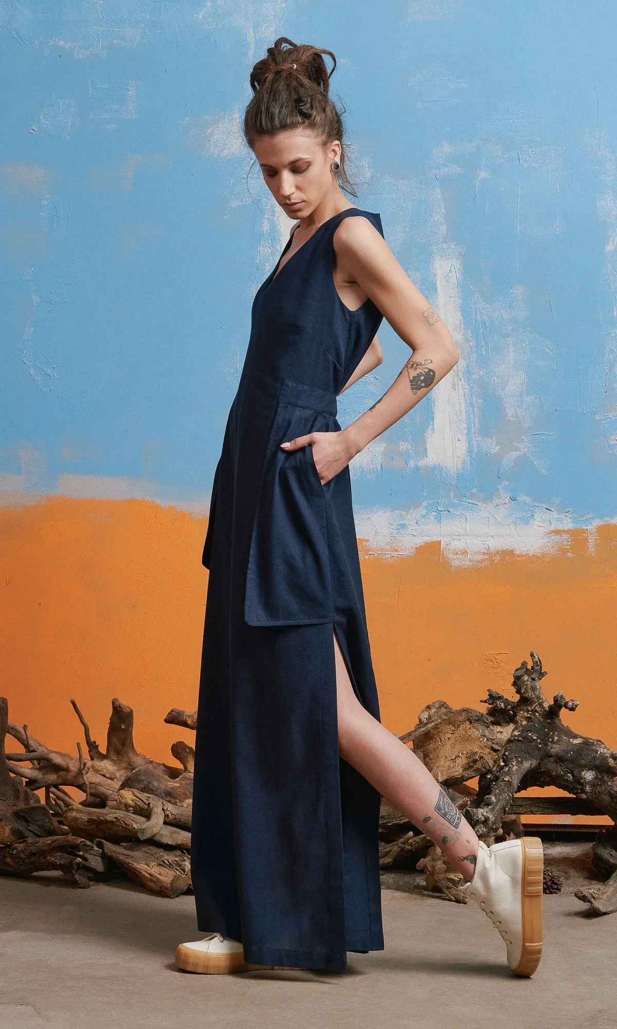 Sleeveless Linen Dress with Large Pockets