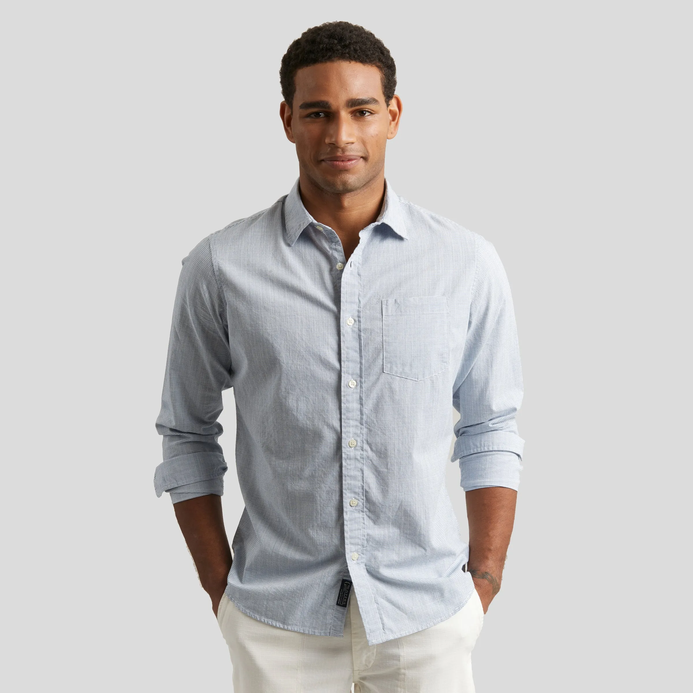 Stewart Microstripe Summer Chambray Slim Fit Shirt - Blue Cream Stripe