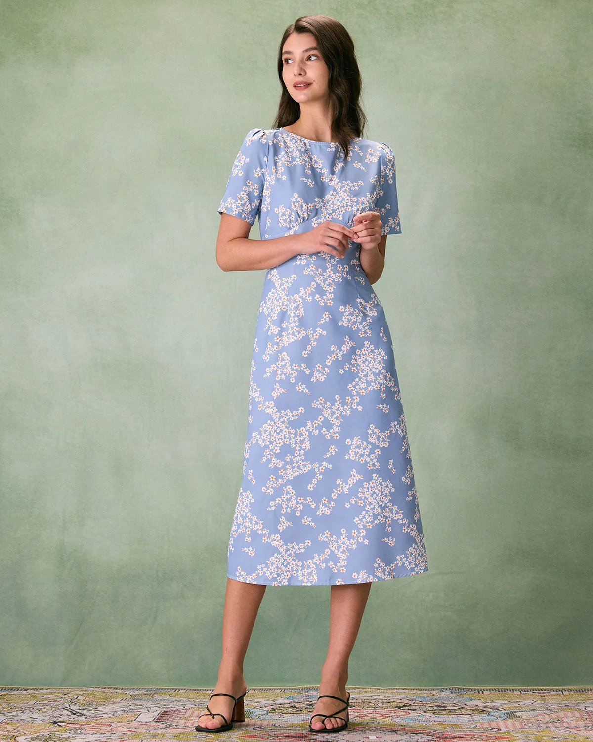 The Blue Round Neck Floral Midi Dress