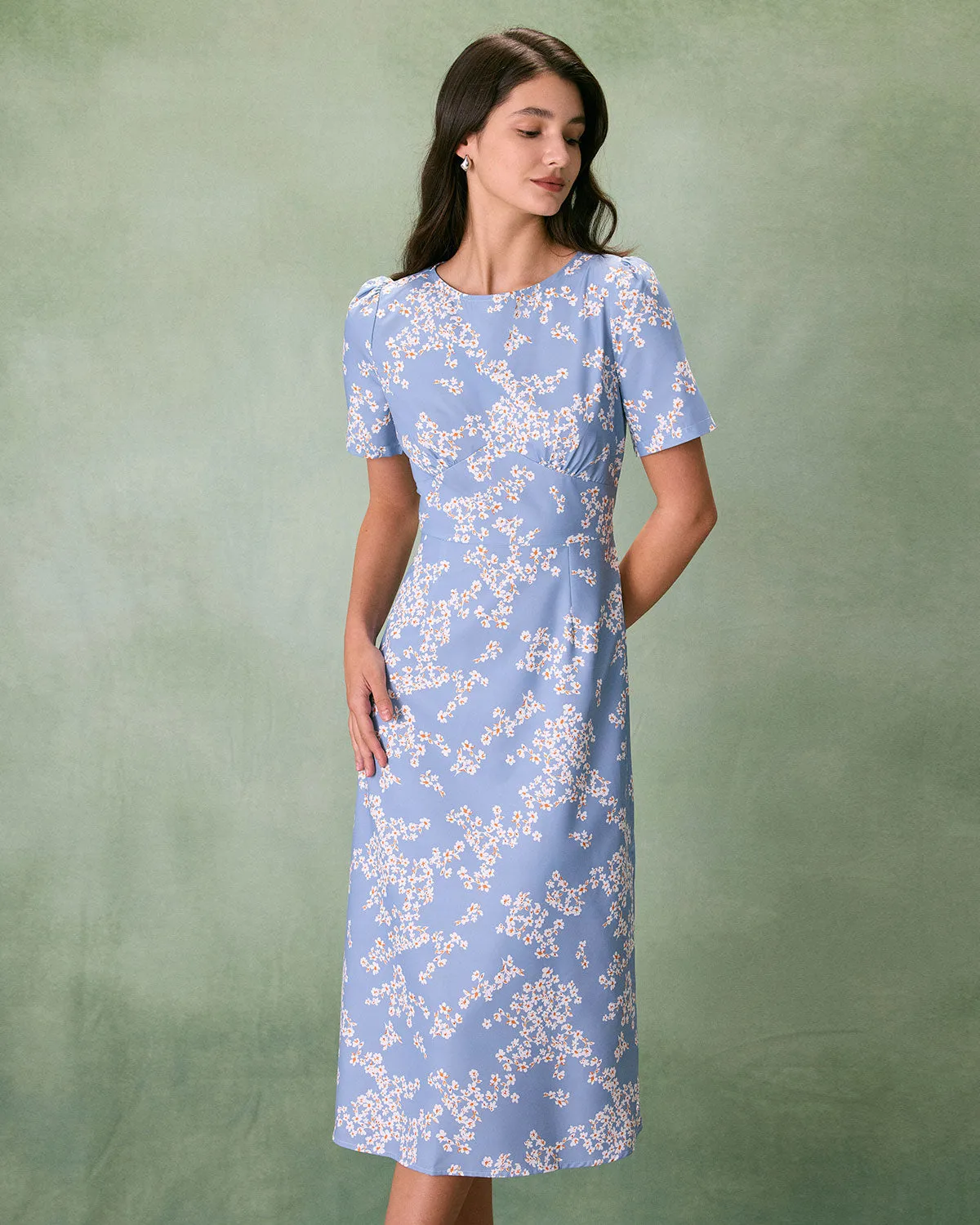 The Blue Round Neck Floral Midi Dress