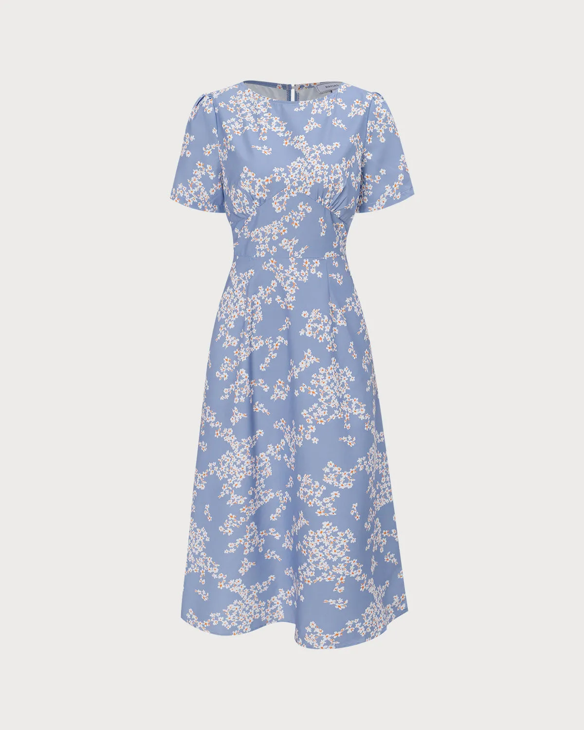 The Blue Round Neck Floral Midi Dress