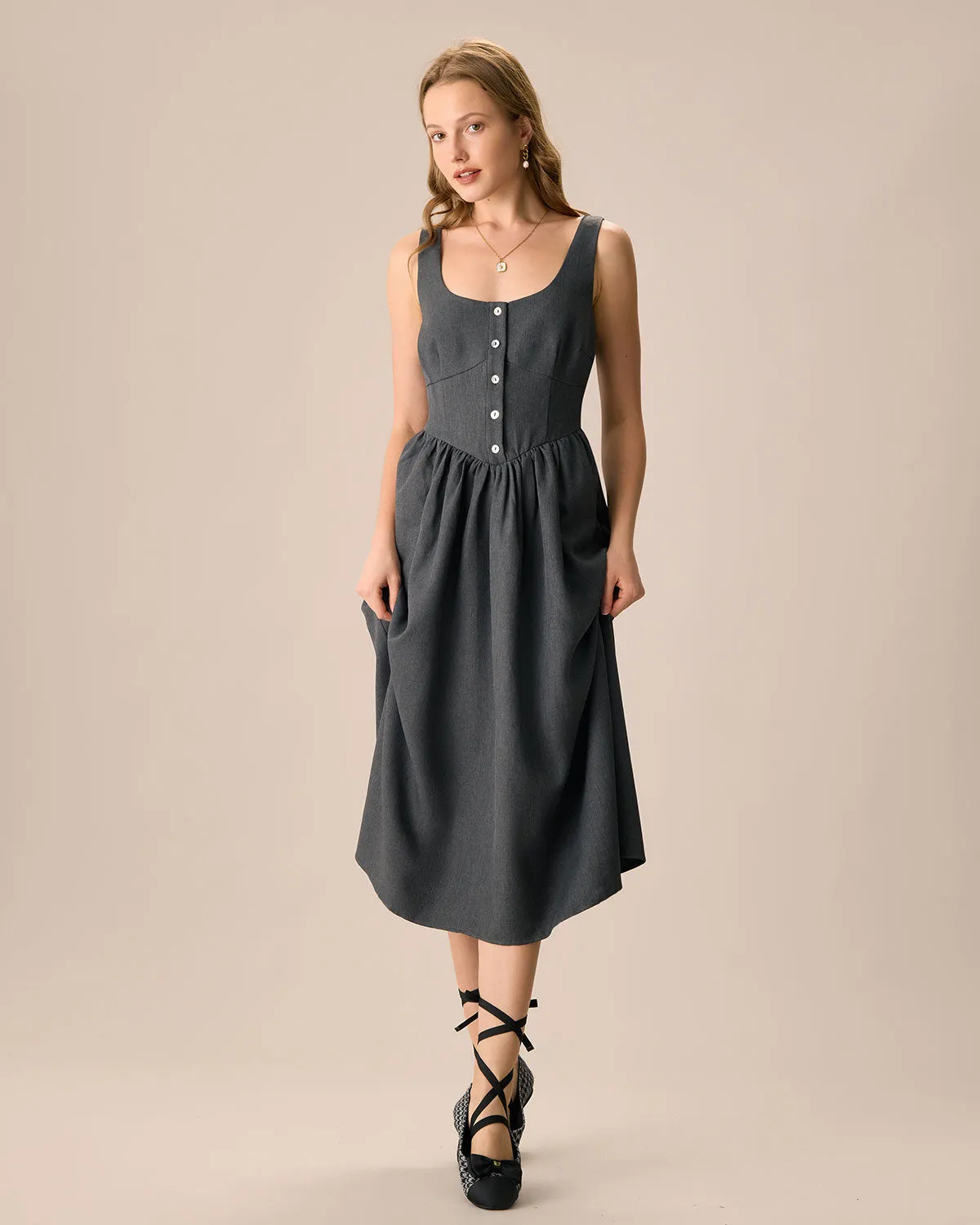 The Grey Square Neck Ruched Midi Dress