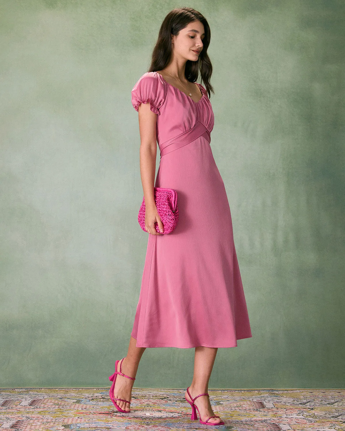 The Pink Sweetheart Neck Ruched Satin Midi Dress