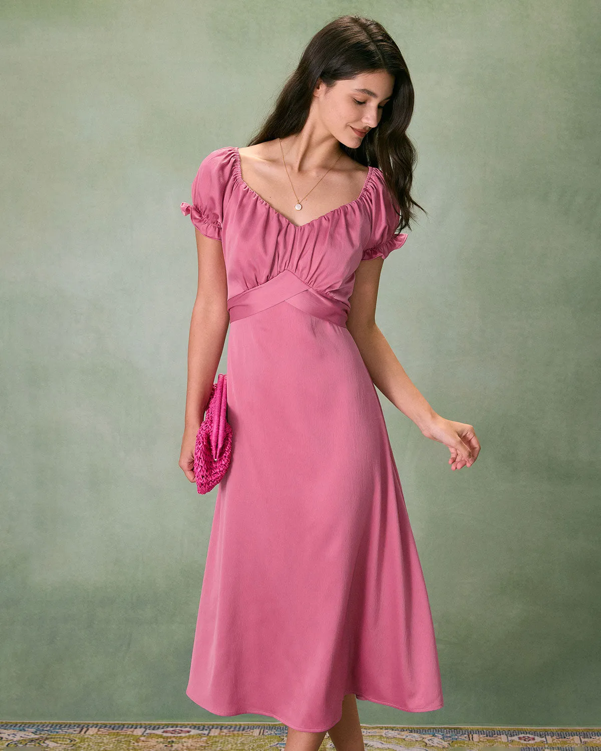 The Pink Sweetheart Neck Ruched Satin Midi Dress