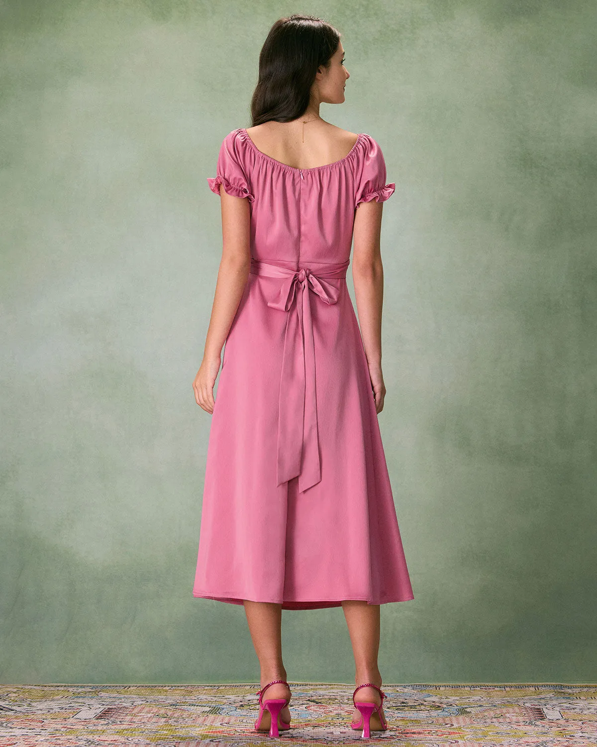 The Pink Sweetheart Neck Ruched Satin Midi Dress