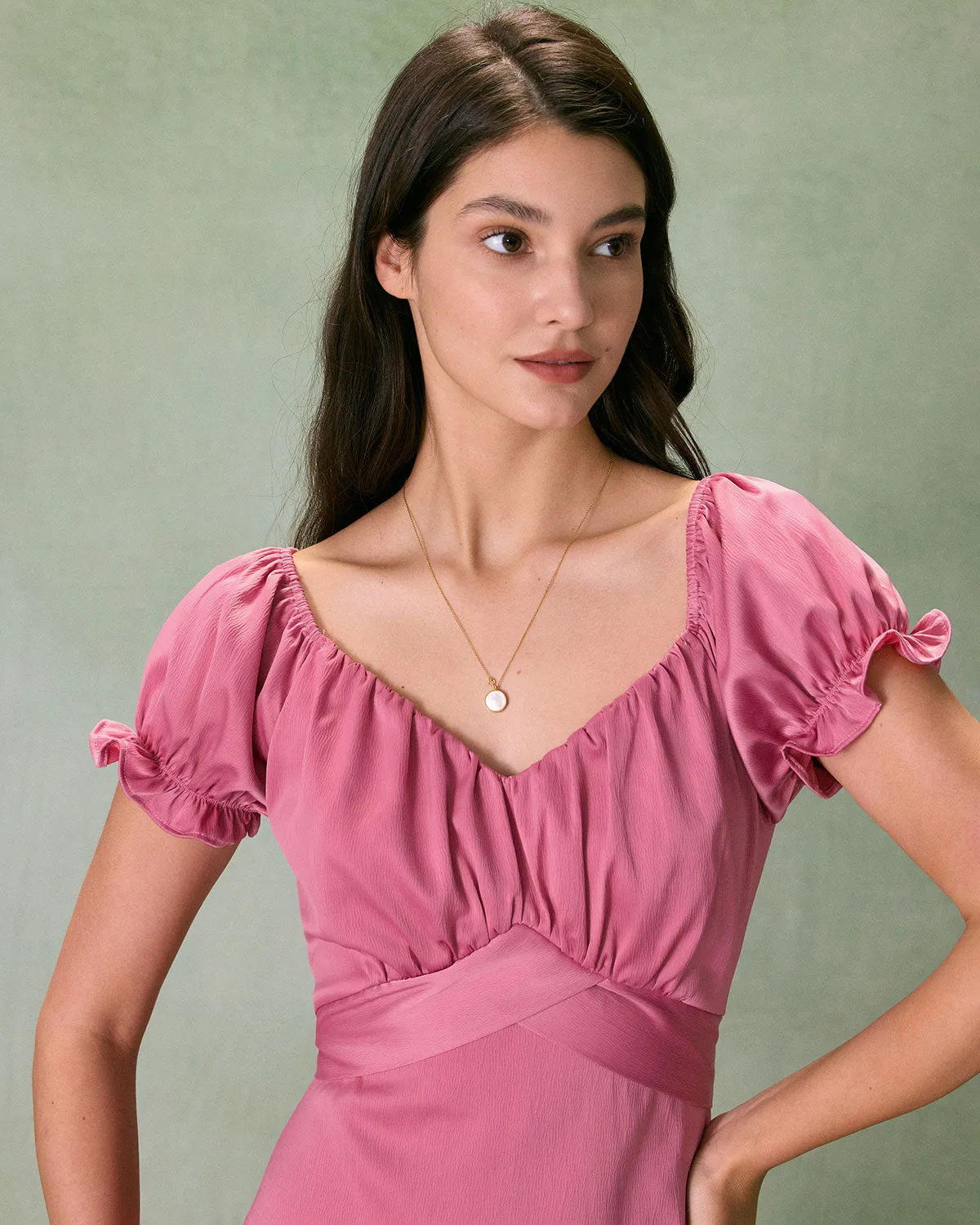 The Pink Sweetheart Neck Ruched Satin Midi Dress