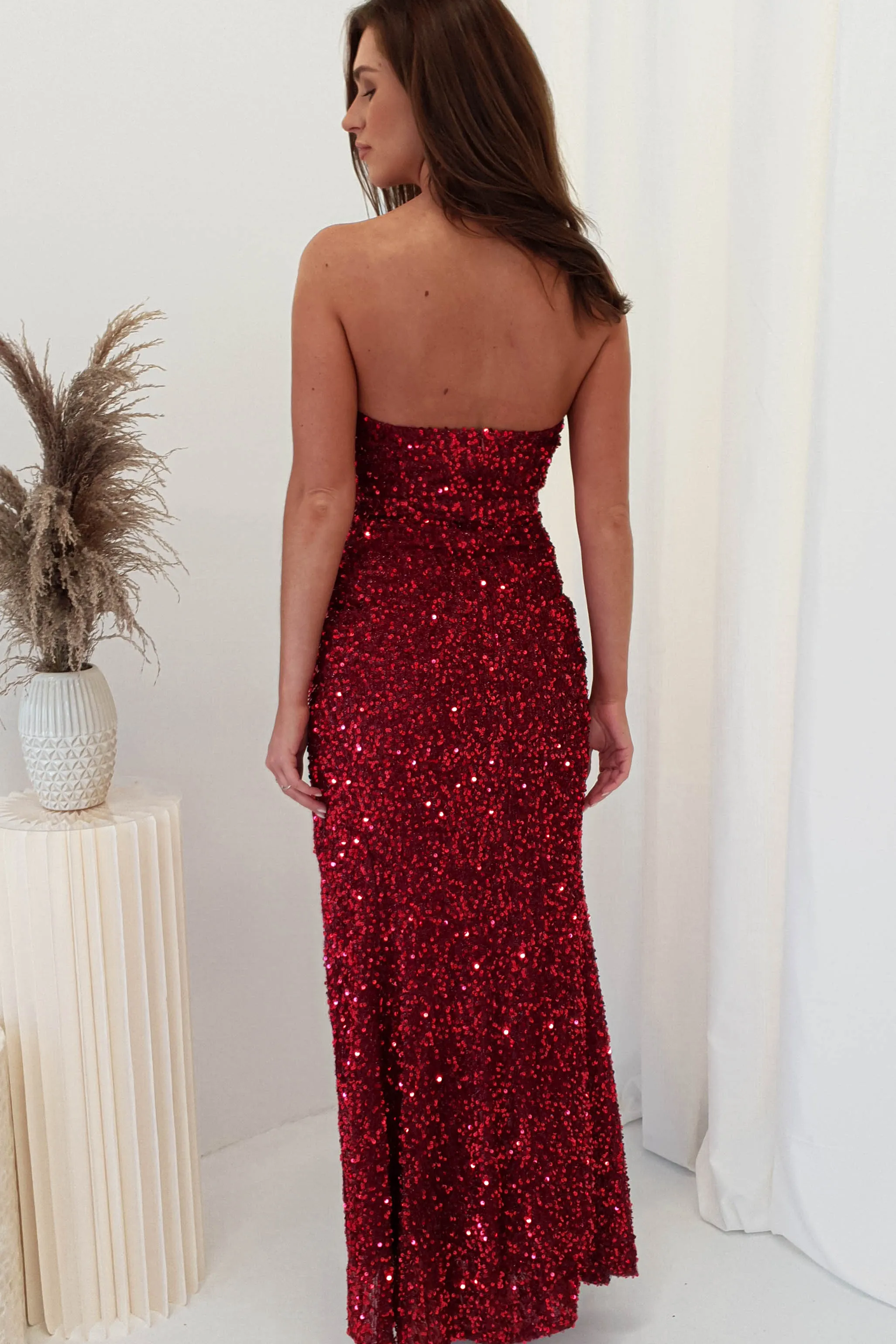 Veda High Split Strapless Gown | Burgundy