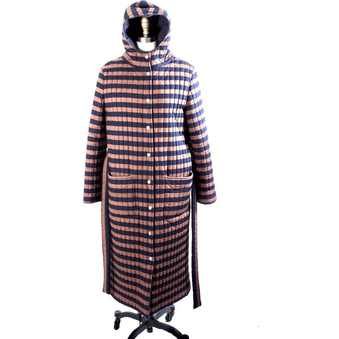 Vintage 1970s Vuokko Suomi Finland Striped Cotton Quilted Coat Snap Front Mod EU 44  M L