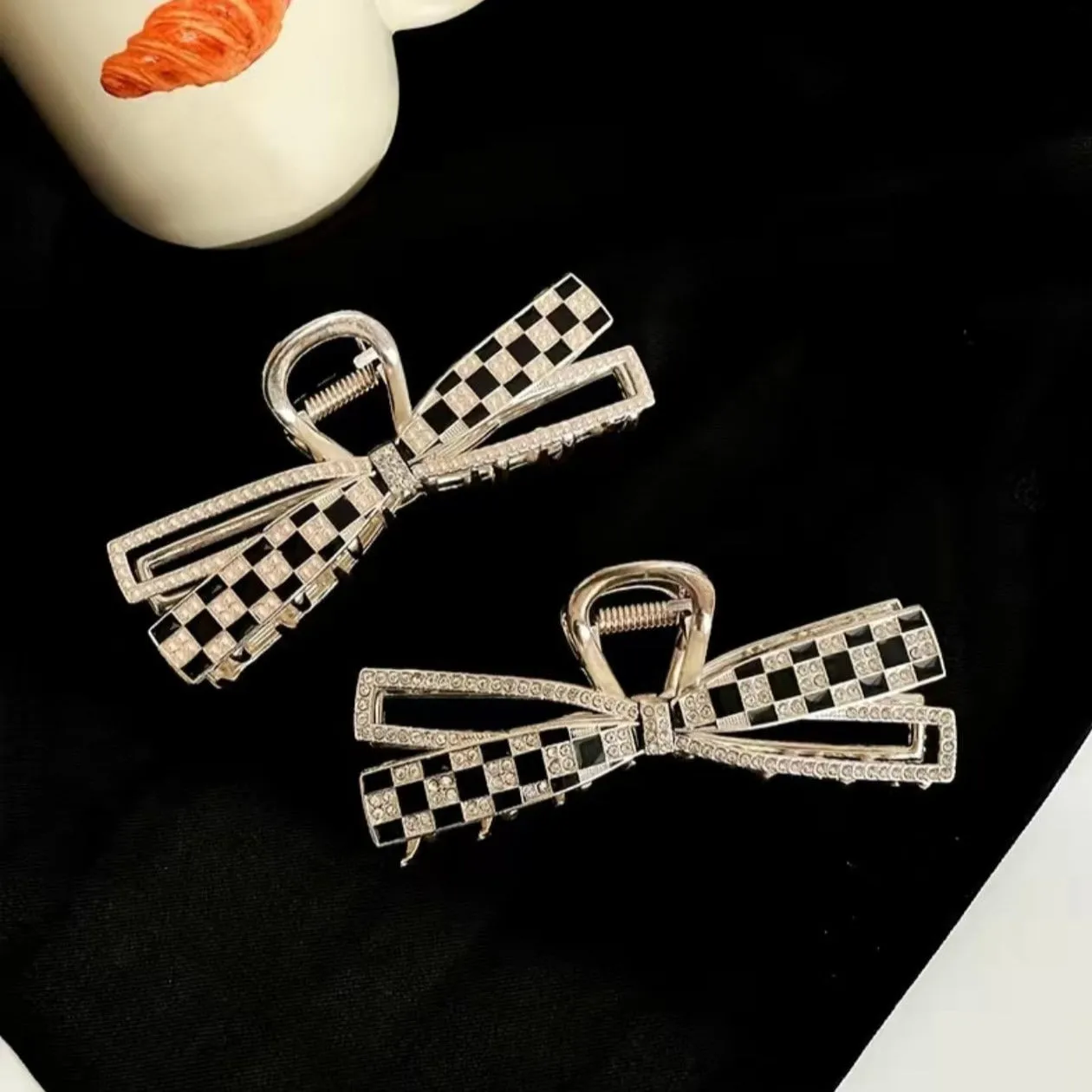 Vintage Check Metal Rhinestone Ribbon Hair Claw Clips Large Size Checkered Hair Clips Nonslip