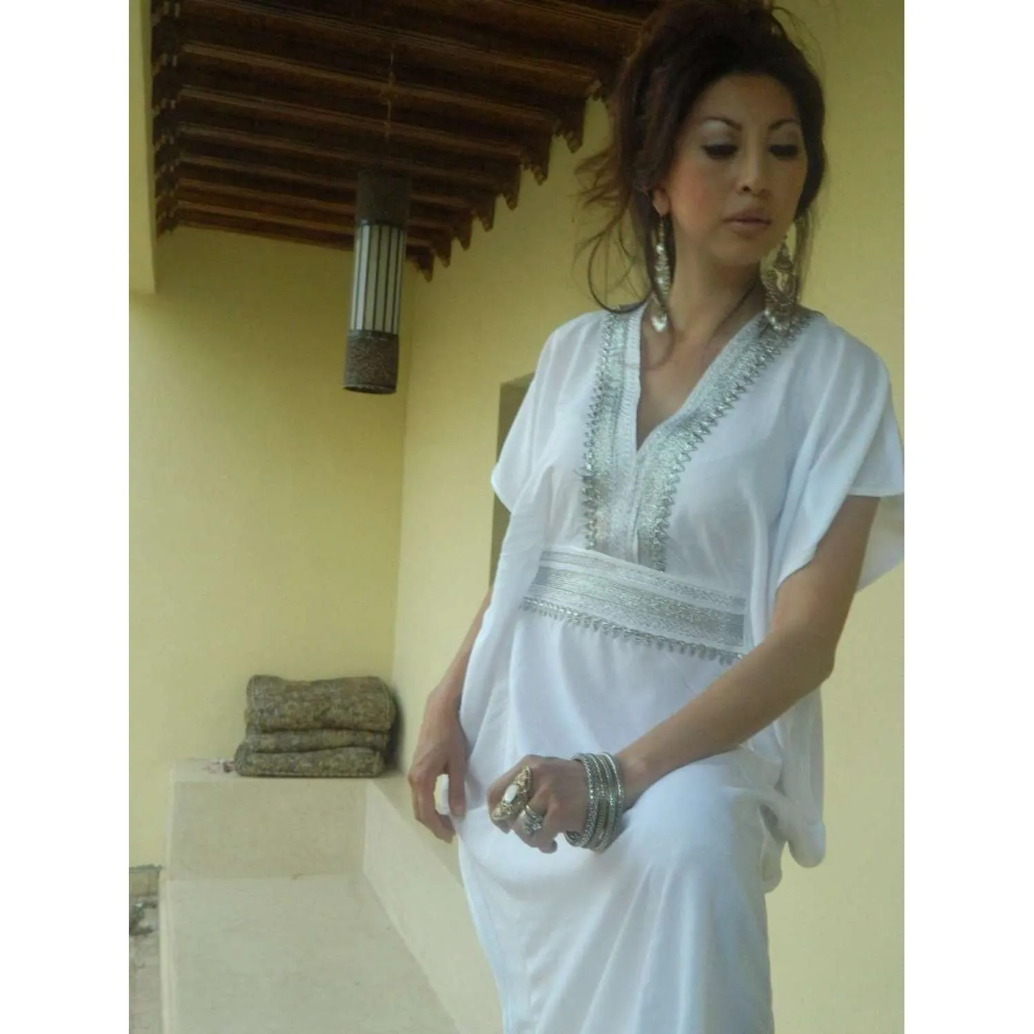 White Moroccan Marine Lounge Kaftan Caftan